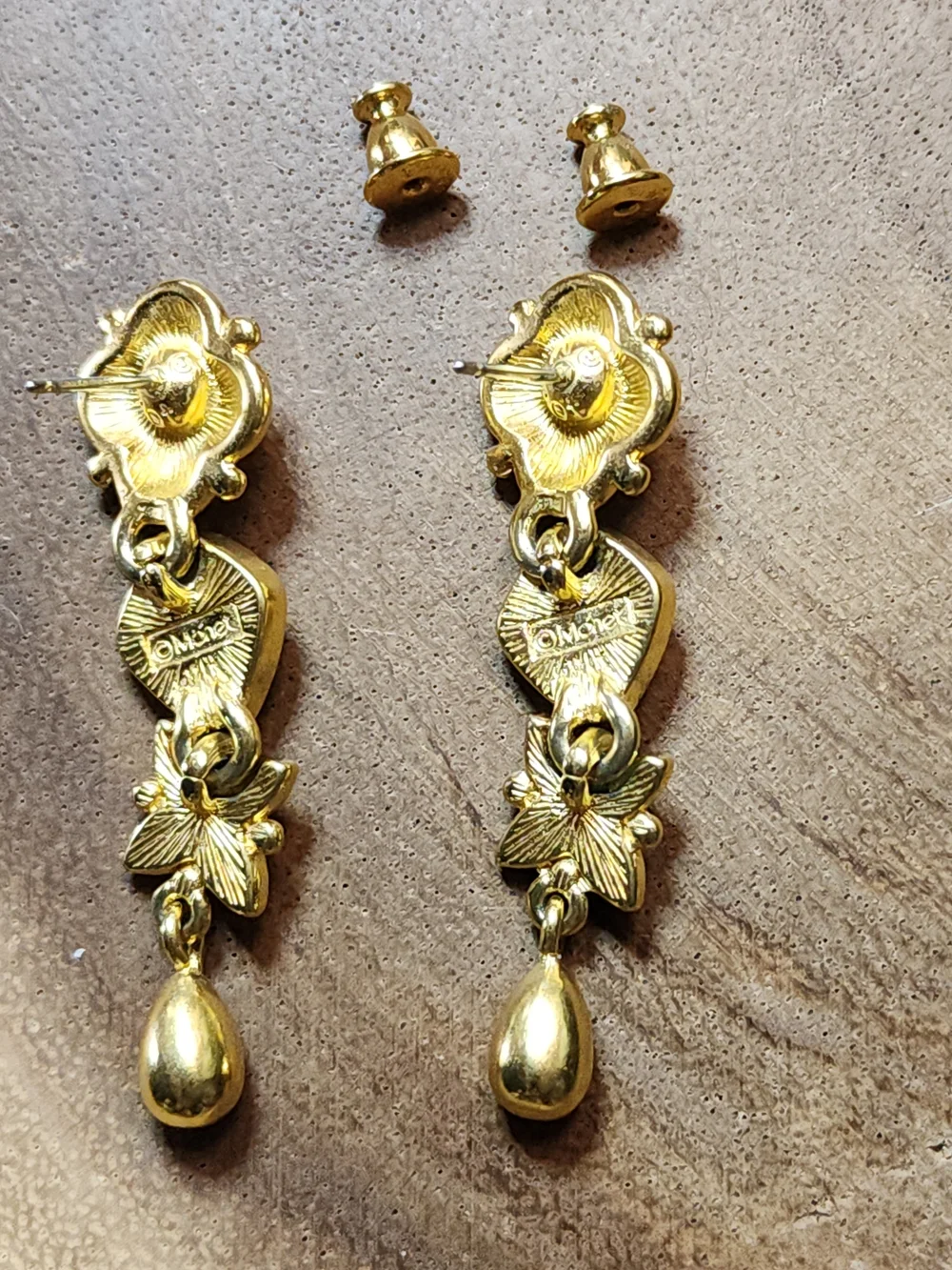 Unique Vintage Gold Floral Drop Earrings - Signed Monet